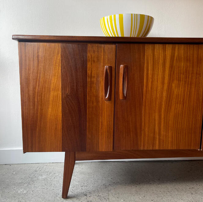 midcentury imperial credenza solid afromosia with yellow and white stripped cermaic bowl. vintage calgary